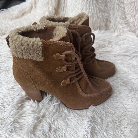 Ugg Annalise Chestnut Lace Up Suede and Sheepskin Heeled Booties Size 6 - Picture 2 of 13